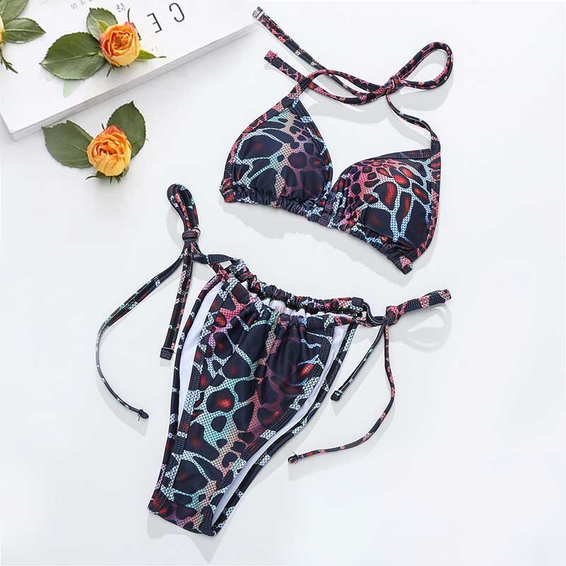 Dark Leopard Print Triangle String Bikini Bathing Suit and Smock Coverup