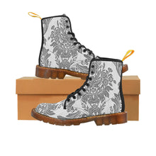 Load image into Gallery viewer, Womens Grey Damask Flower Canvas Boots, Sizes 6.5-11, Boho Chic, Combat Boots, Bohemian Boots, Ankle Boots, Casual Boots, Custom Boots
